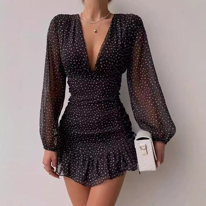 Damen Mini-Rüschendress mit V-Ausschnitt und eleganten Puffärmeln Drune