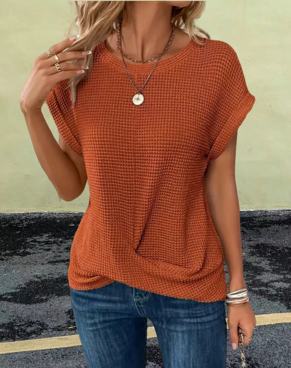 Damen lässiges Waffelstrickoberteil mit lockerer Passform Drune