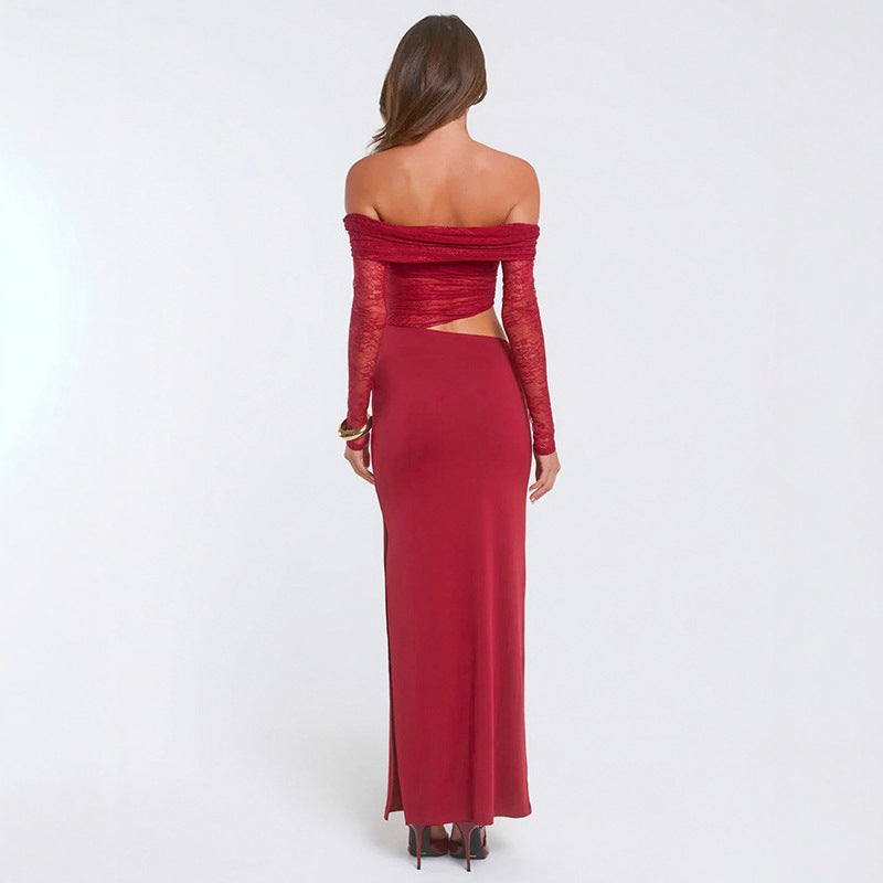 Damen elegantes Off-Shoulder-Maxikleid mit asymmetrischem Schnitt und transparenter Spitze Drune