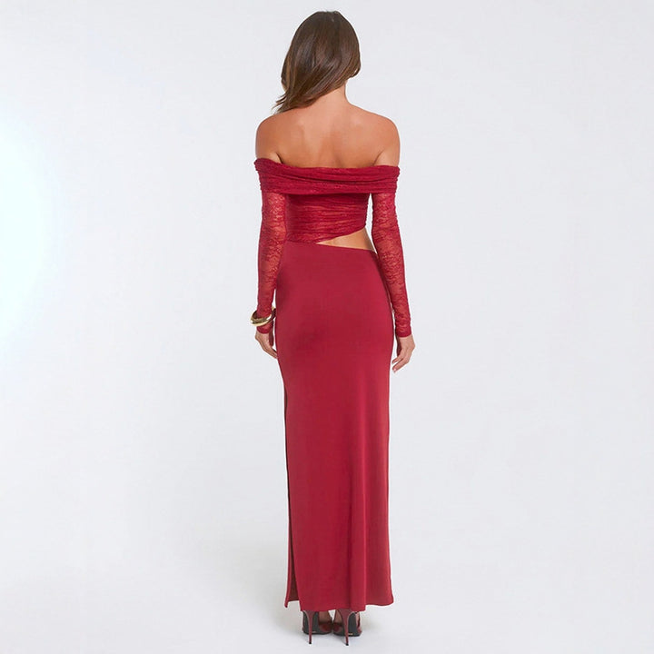 Damen elegantes Off-Shoulder-Maxikleid mit asymmetrischem Schnitt und transparenter Spitze Drune