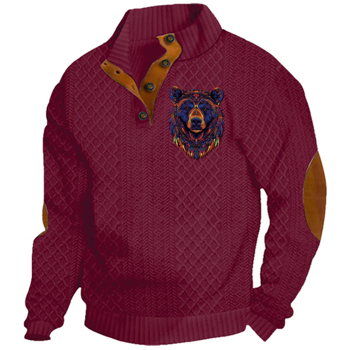 Herren nan Heritage-Strukturpullover mit Stehkragen Lederimitat-Besatz Ellenbogen-Patches und Halbknopfleiste Drune