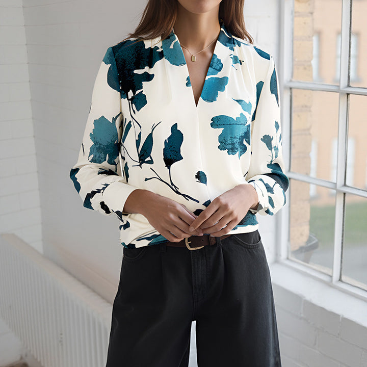 Damen Bluse mit floralem Muster und modernem Revers Drune