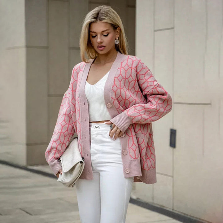 Damen Gemusterter Strickcardigan mit großer Knopfleiste Drune