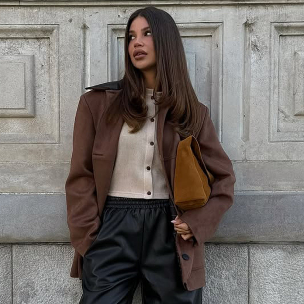 Damen Oversized Mantel mit Lederkragen und Taschen Drune