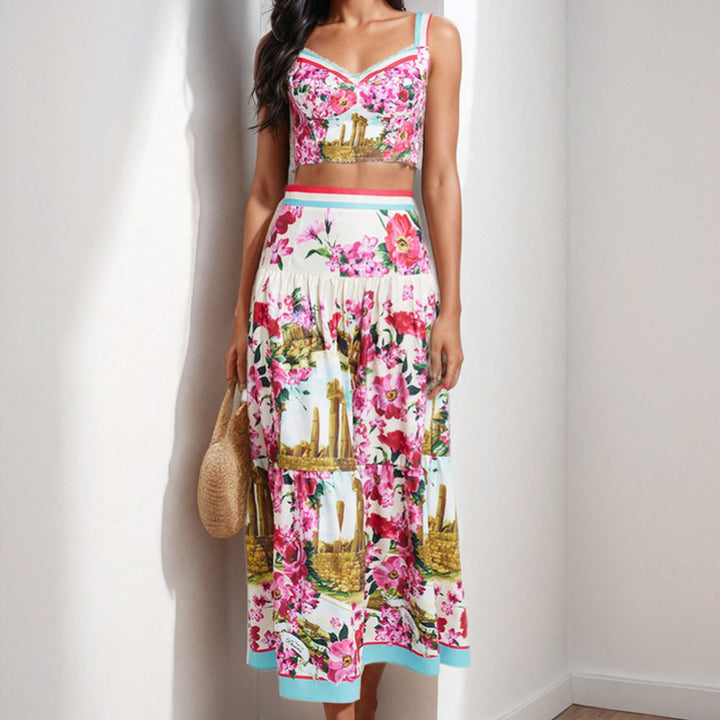 Damen Zweiteiliges Sommeroutfit mit floralem Bustier und schwingendem Rock Drune