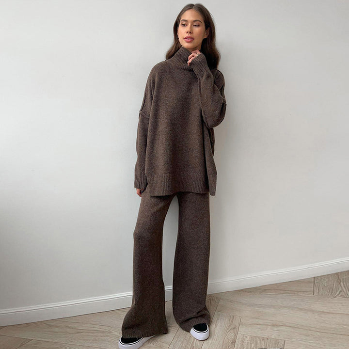 Damen Lässiger Strickanzug mit hohem Kragen und weitem Bein Drune