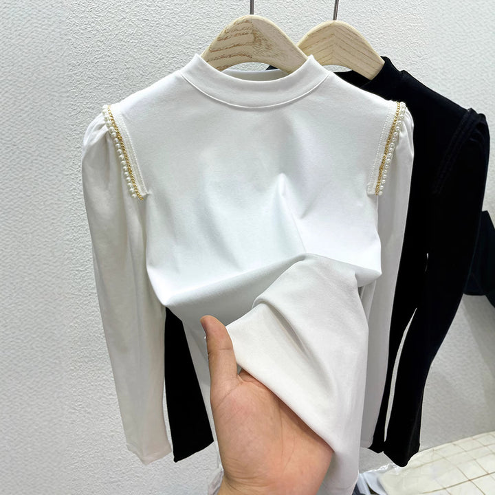 Damen elegantes Longsleeve-Oberteil mit besonderen Perlenapplikationen Drune