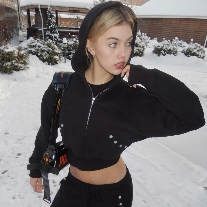 Damen sportlicher Cropped Hoodie mit innovativen Druckknopfdetails Drune