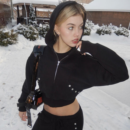 Damen sportlicher Cropped Hoodie mit innovativen Druckknopfdetails Drune