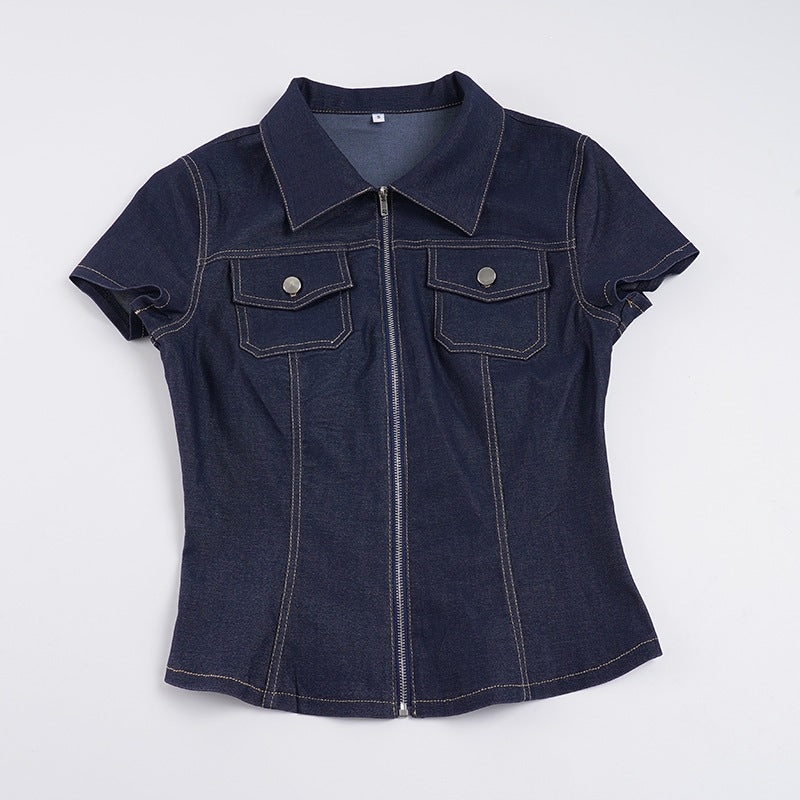 Damen Kurzarm Denim-Bluse mit modischer Zip-Detailierung und Brusttaschen Drune
