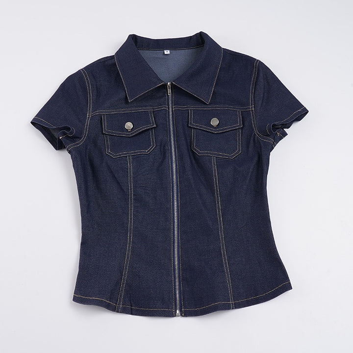 Damen Kurzarm Denim-Bluse mit modischer Zip-Detailierung und Brusttaschen Drune