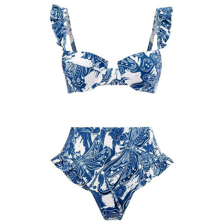 Damen Bikini-Set mit rüschenverziertem Oberteil und hoch taillierter Hose Drune