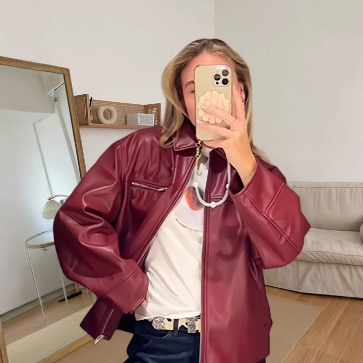 Damen modische lässige Lederjacke mit asymmetrischen Reißverschlüssen Drune