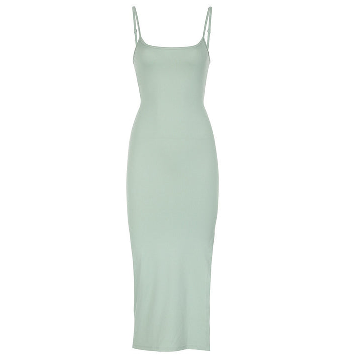 Damen elegantes, figurbetontes Midi-Kleid mit feinen Spaghettiträgern Drune