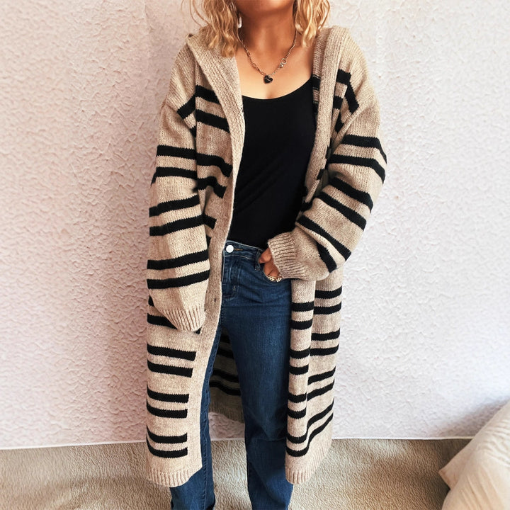 Damen gemütlicher Strickcardigan mit hochgeschlossenem Kragen und modischem Streifenmuster Drune
