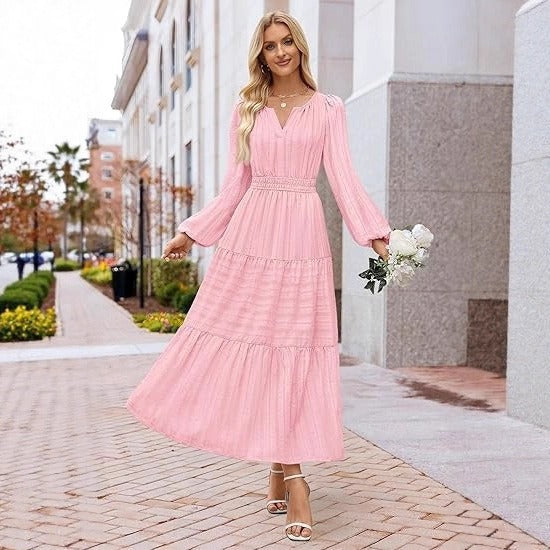 Damen Maxikleid mit eleganten Puffärmeln und gesmoktem Taillenbereich Drune