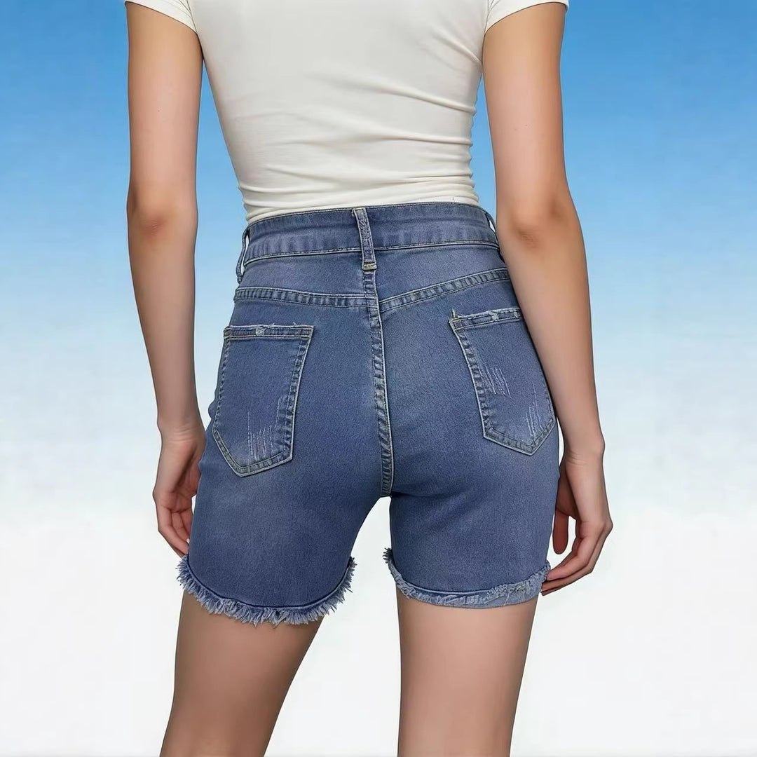 Damen lässige High-Waist Denim-Shorts mit Fransen und modischen Destroyed-Details Drune