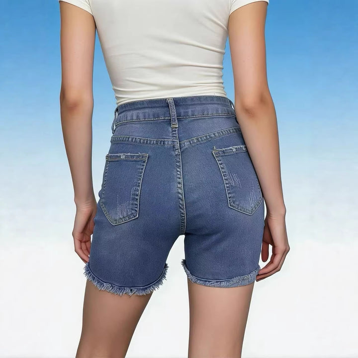 Damen lässige High-Waist Denim-Shorts mit Fransen und modischen Destroyed-Details Drune