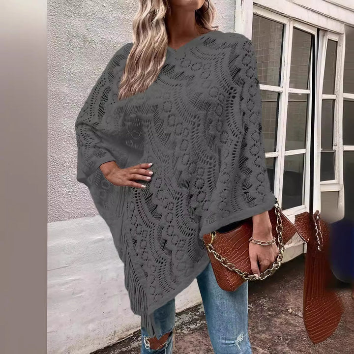Damen Strickponcho mit elegantem Fransen-Design Drune