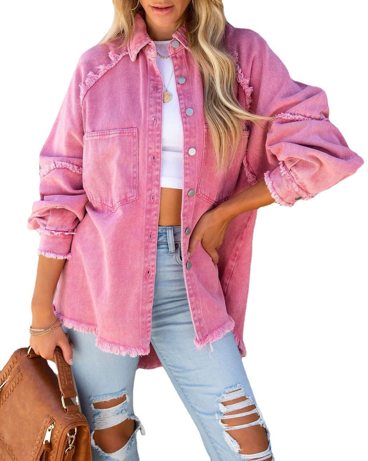 Damen Oversized Denim-Hemdjacke mit fransigem Detail Drune