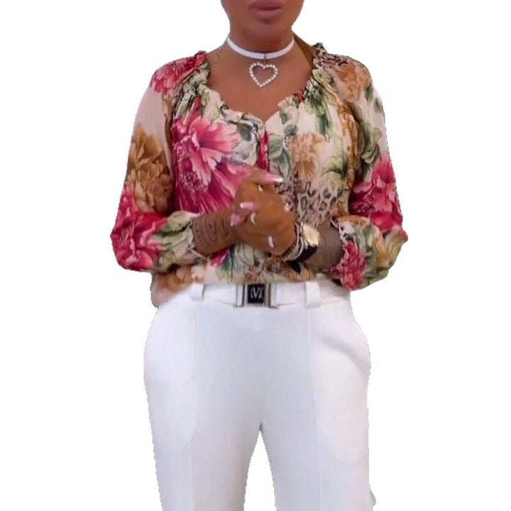 Damen nan leichte Satinbluse mit Animal- und Floralprint, Rüschenkragen, V-Ausschnitt und Manschettenärmeln Drune