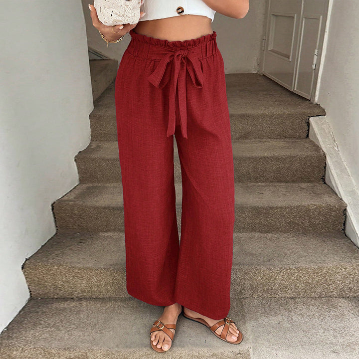 Damen lässige weite Stoffhose mit Gummizug und Bindegürtel Drune