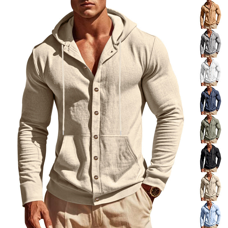 Herren nan sportive Kapuzenjacke mit Knopfverschluss, Kängurutasche und figurbetonter Passform Drune