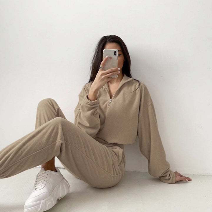 Damen nan kurz geschnittenes Thermo-Fleece-Set mit Halbfront-Reißverschluss und hohem Komfortbund Drune