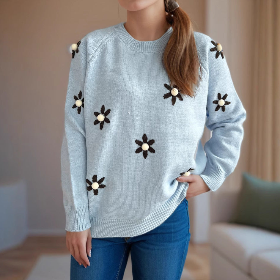 Damen Strickpullover mit floralen Applikationen und lässigem Schnitt Drune