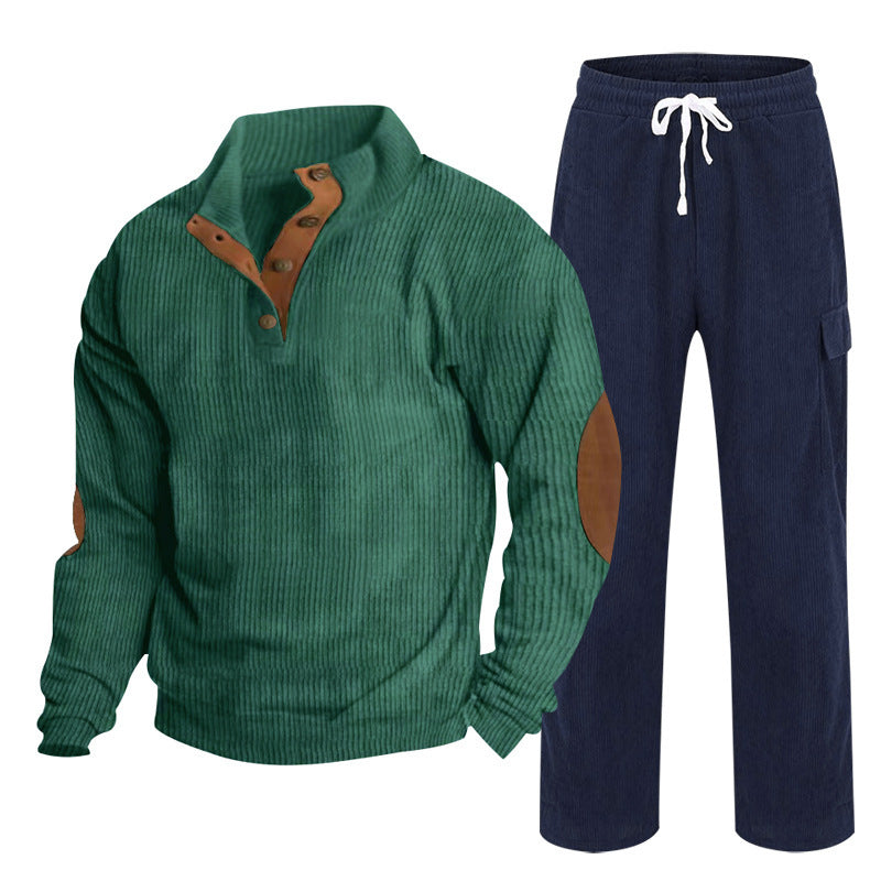 Herren nan Strick-Freizeitset mit Knopfleiste und Ellenbogenaufnähern sowie Cord-Cargohose Drune