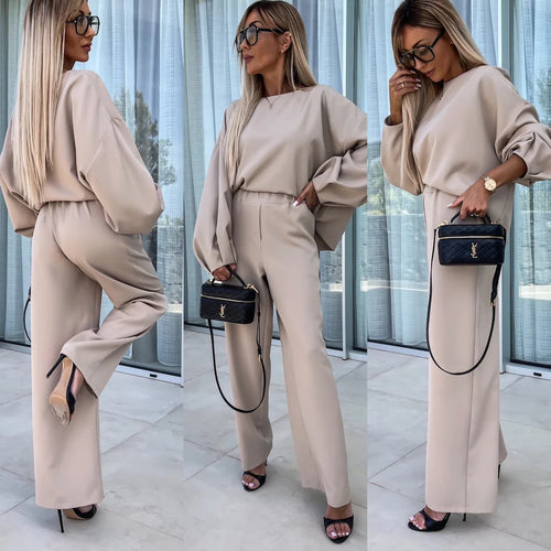 Damen elegantes Zweiteiler-Set mit weitem Schnitt und voluminösen Ärmeln Drune