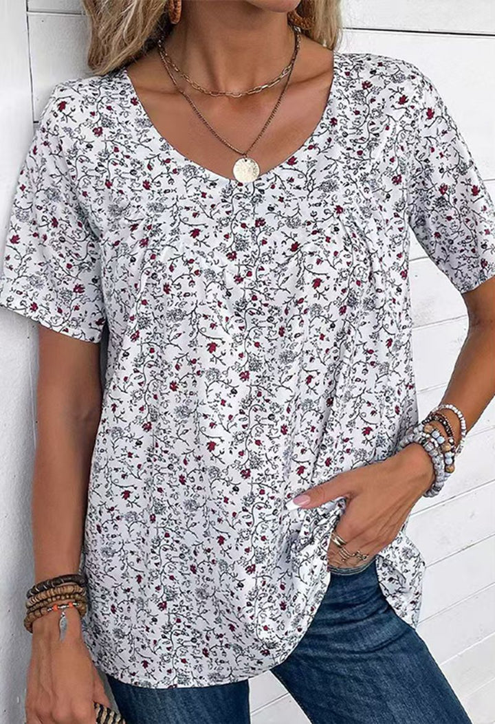 Damen nan lässiges Kurzarm-Tunika-Shirt mit Rundhalsausschnitt, zartem Blumenallover und dekorativen Brustfalten Drune