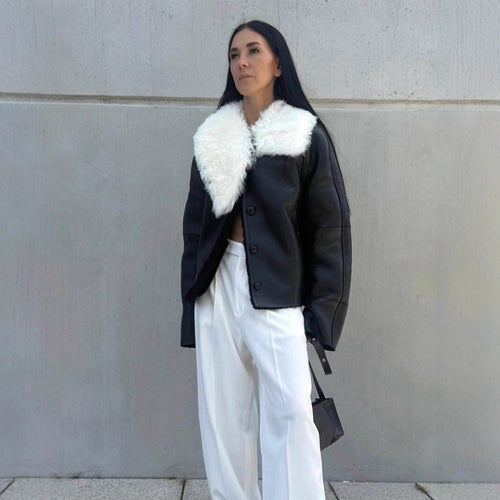 Damen luxuriöse Kunstlederjacke mit weichem Pelzkragen Drune