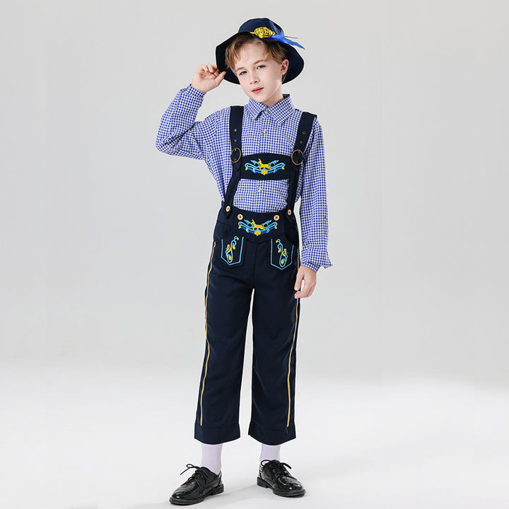 Herren nan bestickte Kindertracht Latzhose mit verstellbaren Hosenträgern und Kontrastnähten Drune