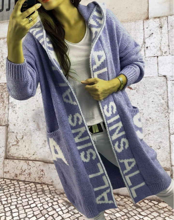 Damen Langarm-Strickcardigan mit Kapuze und praktischen Taschen Drune