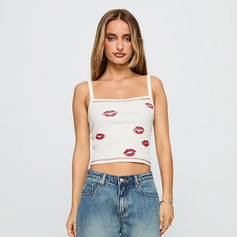 Damen Trägershirt mit grafischem Lippenmuster und figurbetontem Schnitt Drune