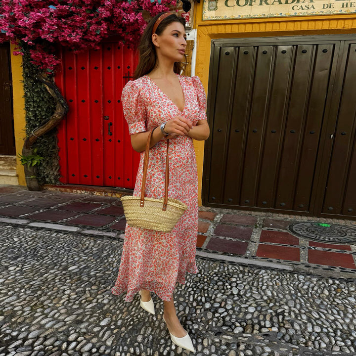 Damen Maxikleid mit süßem floralem Muster und puffärmeligem Schnitt Drune