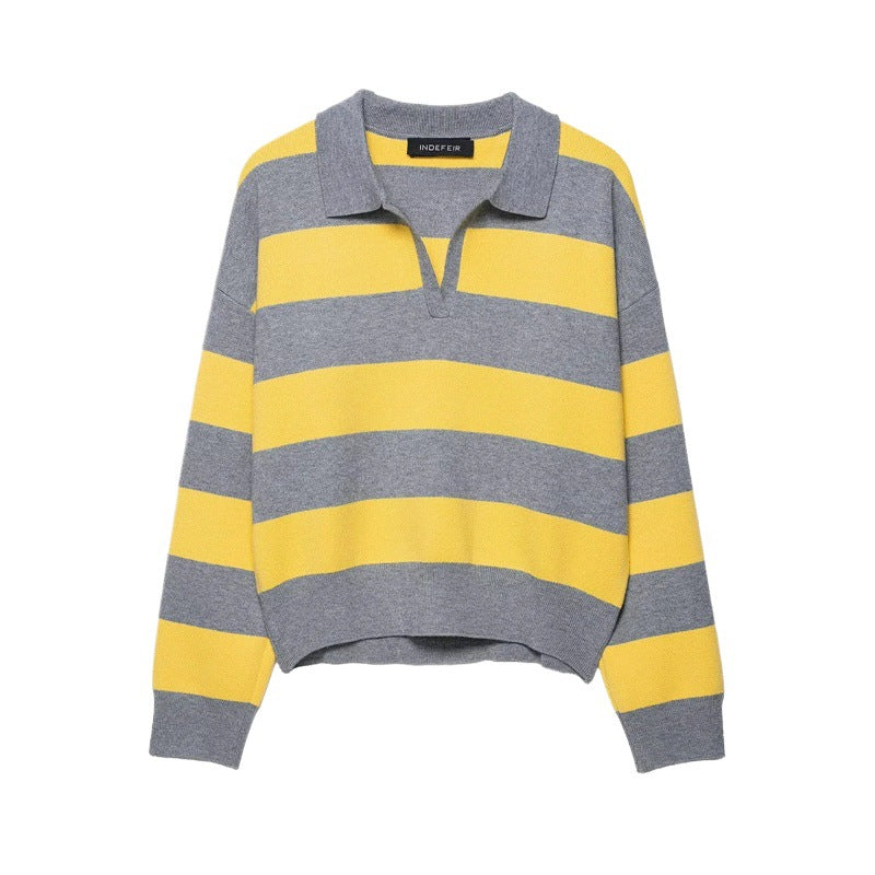 Damen modischer Pullover mit Polokragen und Streifendesign Drune