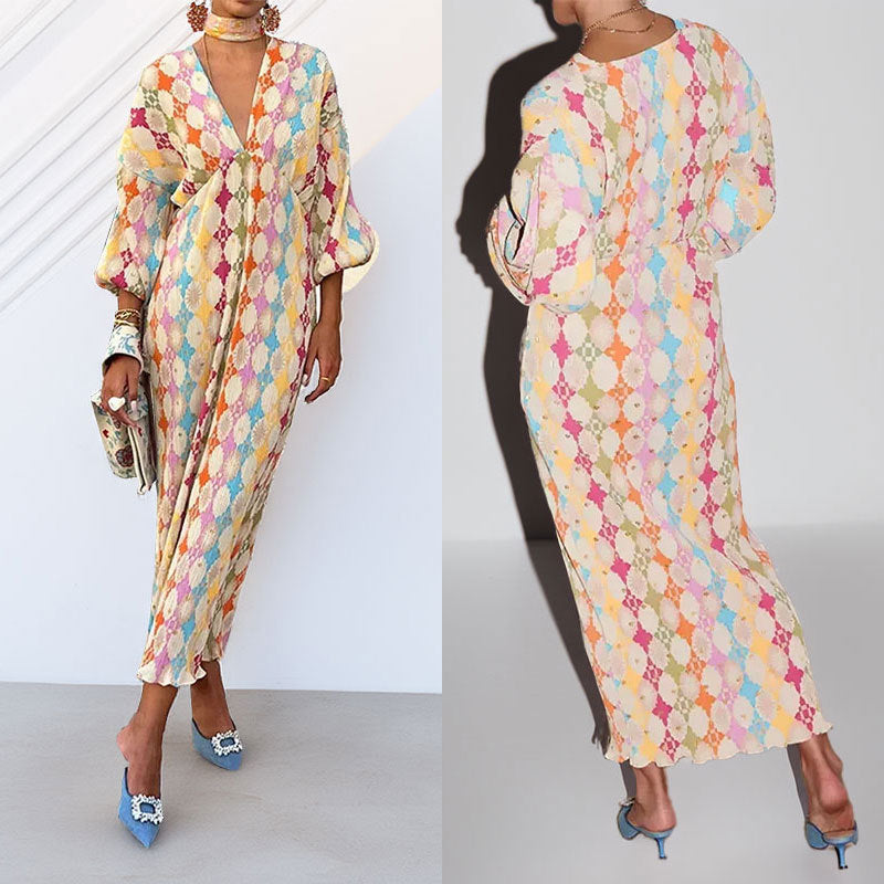 Damen Maxikleid mit auffälligem Rauten-Muster und voluminösenÄrmeln Drune