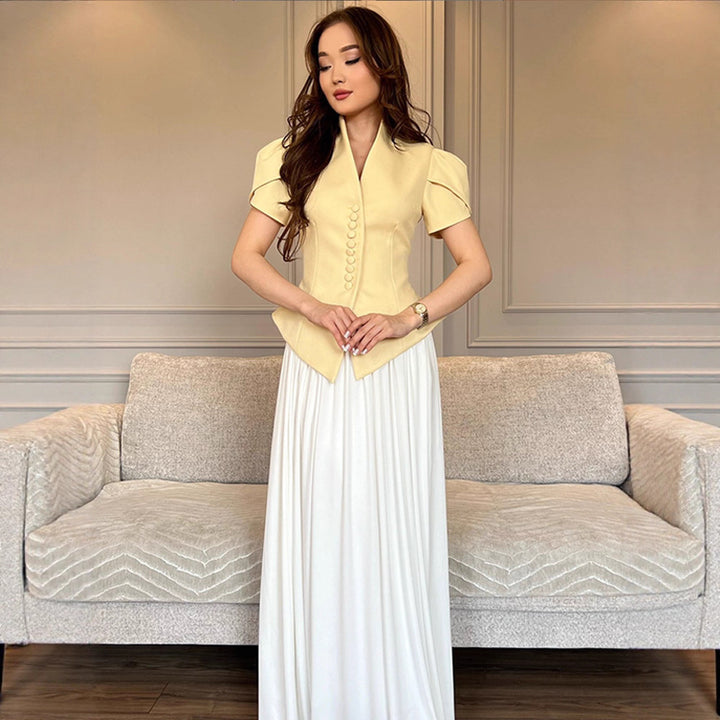 Damen elegante Designerbluse mit Puffärmeln und Knopfdetails Drune