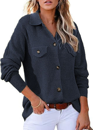 Damen modischer Waffle-Pullover mit Knöpfen Drune