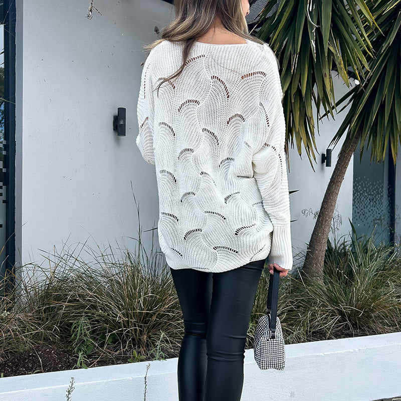 Damen lässiger Strickpullover mit filigraner Lochmusterung und V-Ausschnitt Drune