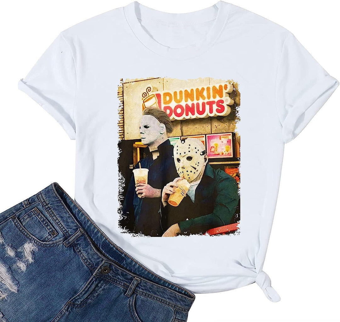 Damen Trendy Grafik T-Shirt mit ikonischen Horrorfiguren Drune