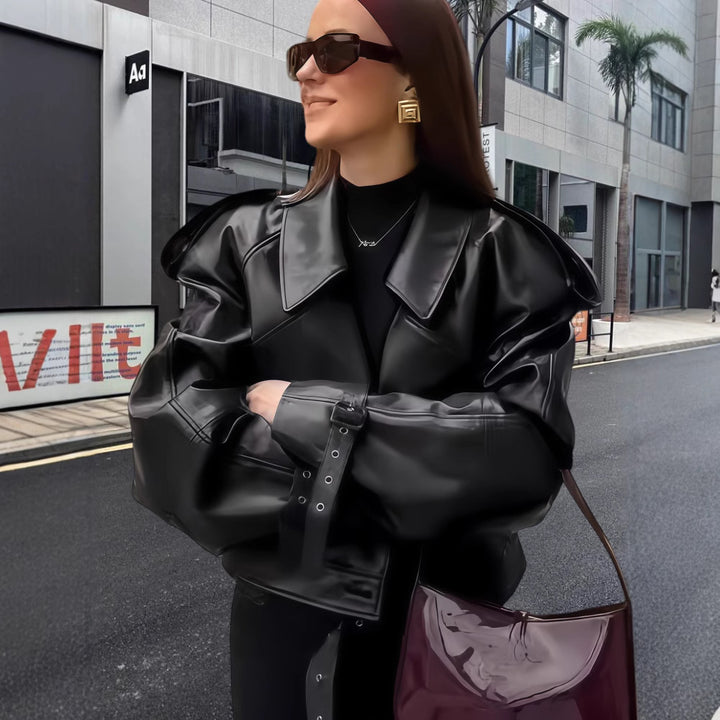 Damen oversized Kunstlederjacke mit statement-Manschetten Drune