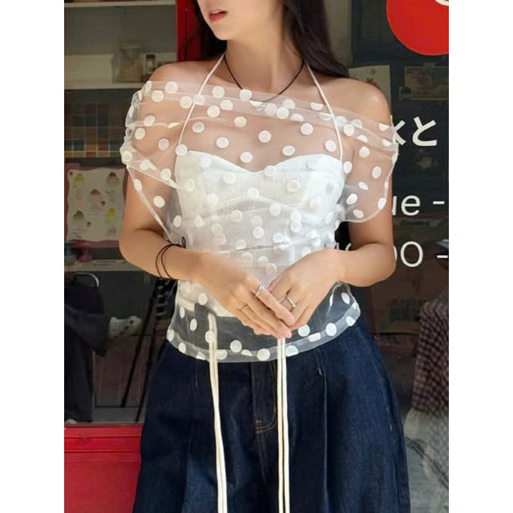 Damen Elegantes off-shoulder Oberteil mit Polka-Dots und Raffung Drune