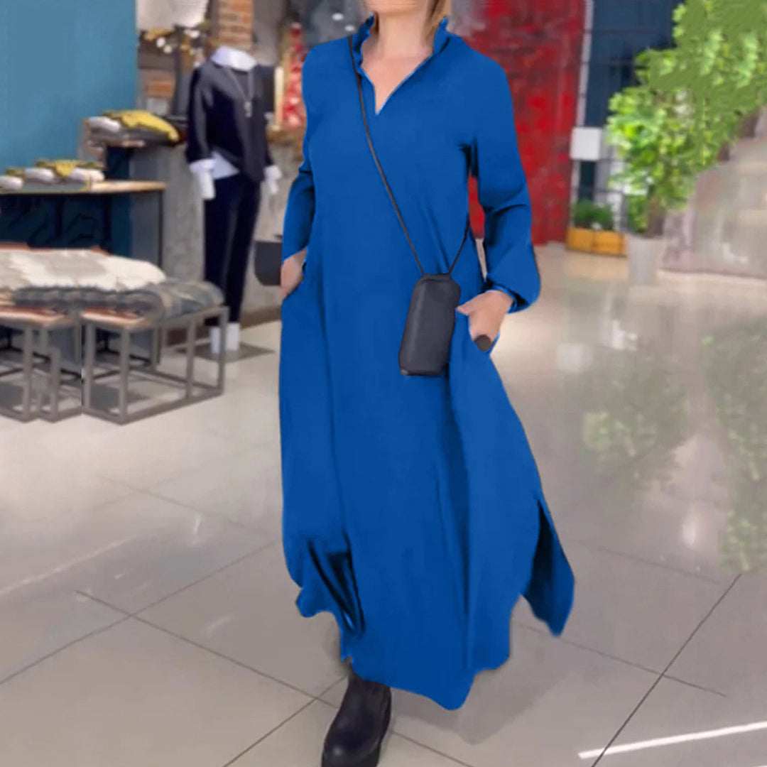 Damen Hemdblusenkleid mit Taschen und Stehkragen Drune