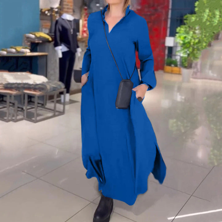 Damen Hemdblusenkleid mit Taschen und Stehkragen Drune