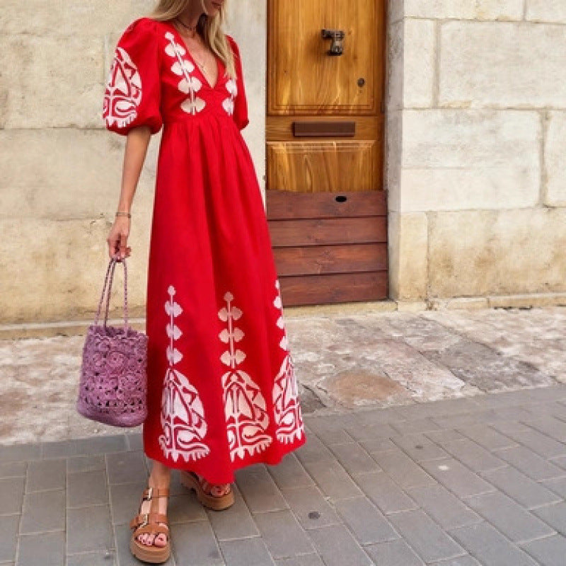 Damen Midikleid mit luftigen Puffärmeln und floralem Stickdesign Drune