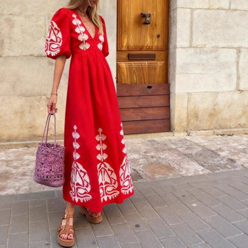 Damen Midikleid mit luftigen Puffärmeln und floralem Stickdesign Drune