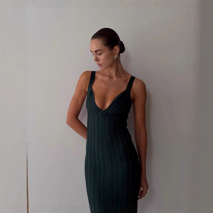 Damen Figurbetontes Maxikleid mit tiefem V-Ausschnitt Drune